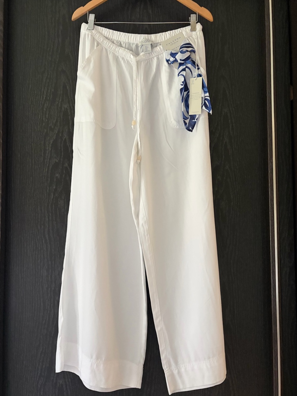 Calypso St. Barth White Wide-Leg Drawstring Pants with Blue Scarf Accent